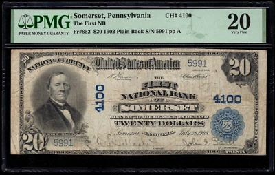 1902 $20 SOMERSET PA NATIONAL BANK NOTE PMG 20 FR. 652 CH. 4100 SCARCE! - Image 1 of 3