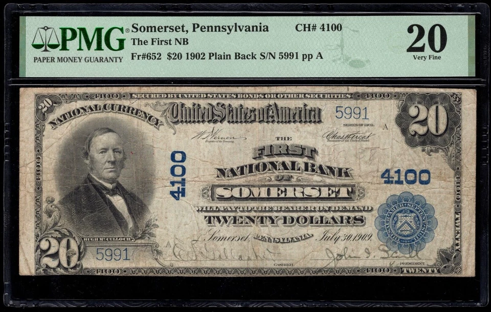 1902 $20 SOMERSET PA NATIONAL BANK NOTE PMG 20 FR. 652 CH. 4100 SCARCE! - Image 1 of 3