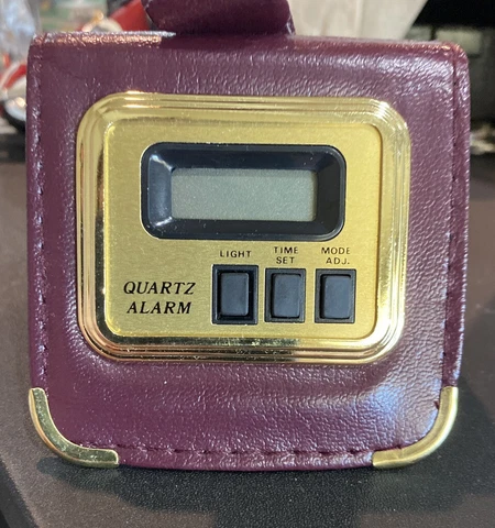 Vintage LCD Wallet Travelling Clock Black Leather Quartz Alarm Case Pocket Cover