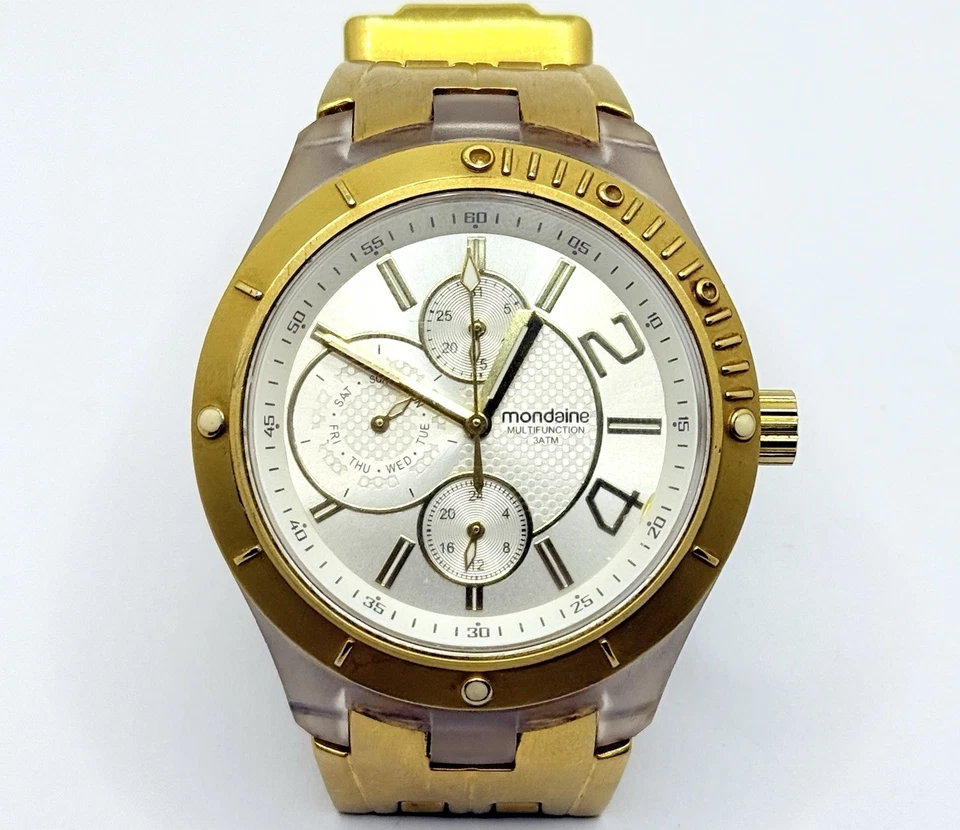 Reloj Mondaine Cuarzo Suizo Multifunción Oro Plata 3ATM Ronda 5 Joyas 40mm  Foto 1 de 4