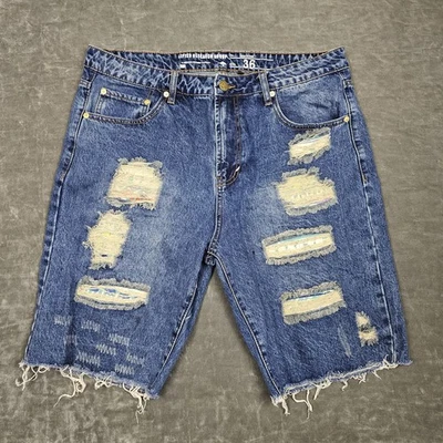 LRG Shorts Mens 36 Blue Distressed Denim Cut Off Raw Hem Ripped Frayed Patchwork - Image 1 of 4