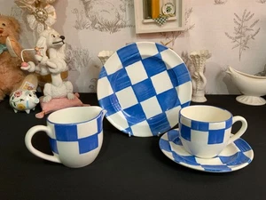 Habitat MONACO Tasse & Untertasse, Beilagenteller & Milchkännchen blau kariert sehr guter Zustand - Bild 1 von 14
