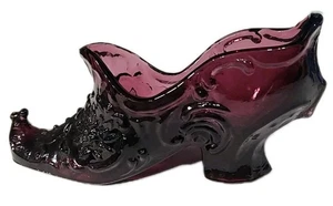 Vintage Fenton Glass Purple Amethyst Shoe Slipper Cabbage Rose Pattern 6" - Picture 1 of 8