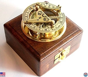 Solid Brass Pocket Sundial Compass - Vintage West London Design with Wooden Box - Picture 1 of 6