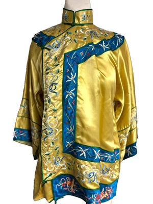 Vintage Hand Embroidered Chinese Yellow, Blue & Floral Silk Top, Size M - Image 1 of 4