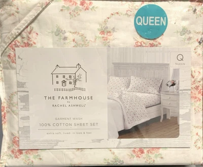 Juego de sábanas Rachel Ashwell Farmhouse Queen blanco floral algodón Shabby Chic Foto 1 de 4