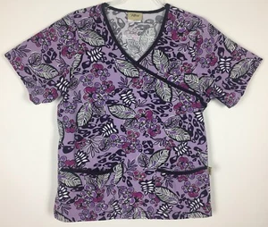 Tafford Scrub Top Size XS Purple Floral Black Trim 2 Pocket Nursing Medical - Picture 1 of 7