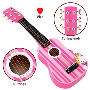 Lelin Wooden Pink Stripe Striped Pink Princess Guitar Children Girls Instrument - Picture 1 of 9
