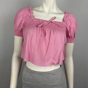 Sportsgirl Size 6 Crop Top Blouse Pink Puff Sleeves Linen Blend Boho Peasant - Bild 1 von 11