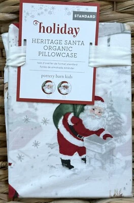Pottery Barn Kids Heritage Santa Organic Pillowcase Standard Christmas NEW - Image 1 of 4