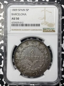1809 Spain Barcelona 5 Pesetas NGC AU50 Lot#MK119 Large Silver! - Picture 1 of 3