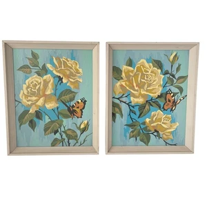 60er Jahre Blumenmalerei nach Zahlen gelbe Rosen & Schmetterlinge Wandbild gerahmt MCM - Bild 1 von 7