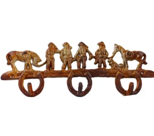 Vintage Cast Iron Coat Rack Western Theme Horses Cowboy Rusty Patina Horseshoe - Picture 1 of 7