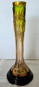 Moser Art Glass Vase Green tapers to Rose Pink, Intaglio Etched, Gilded, 10.5 T - Picture 1 of 18