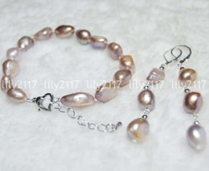 Genuine 9-10MM Purple Baroque Freshwater Cultured Pearl Bracelet Earrings Set - Picture 1 of 3