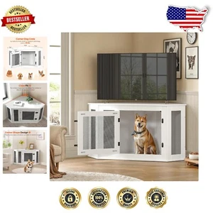 Durable Chew-Proof Corner Dog Crate - 44.5" Wood Pet House, White & Black - Picture 1 of 11
