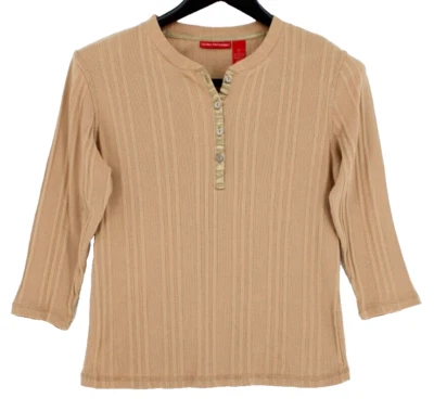 Gloria Vanderbilt Top Women's Size L Tan 3/4 Sleeves Ribbed 1/4 Button Cotton - Image 1 of 3