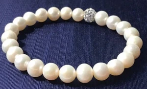 8.15MM/.65CT NATURAL CULTURED WHITE PEARLS & CRYSTAL BALL STRETCHY BRACELET - Picture 1 of 3