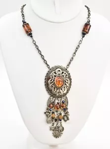31" Antiqued Brass Faux Amber Dangles Pendant Chain Necklace Sun Moon Cherubs - Picture 1 of 3