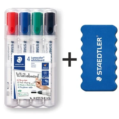 STAEDTLER Whiteboardmarker Lumocolor 351 2mm 4 Farben + Löscher GRATIS - Bild 1 von 4