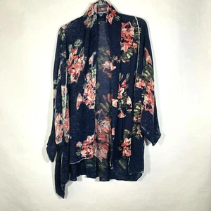 Women Blue Floral Open Front Knit Sweater Waterfall Cowl Collar Duster Size L - Bild 1 von 4