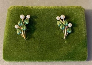 Vintage KREMENTZ Gold Plated Cultured Pearls Enamel Leaf Screw Back Earrings NEW - Picture 1 of 4