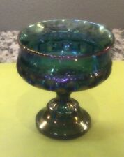 Iridescent Blue Indiana Glass Kings Crown Thumbprint Wedding Bowl Compote 5 inch