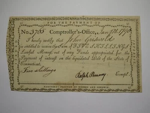 1790 5 Shillings Connecticut Comptroller's Office Colonial Currency Note Pomeroy - Picture 1 of 2