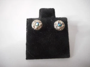 Silver Tone Button Tiny Pierced Earrings Silver Tone Blue Stone 1/4" W Unmarked - Picture 1 of 9