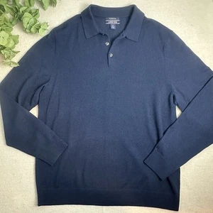 Lands' End Men’s Size L 100% Merino Wool Sweater Henley Collared Navy Blue - Picture 1 of 9