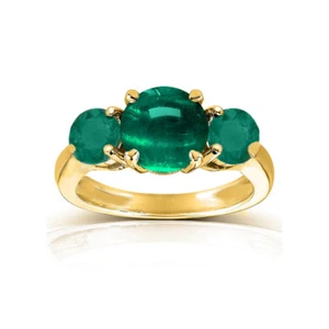 Natural Green Emerald ring, Three stones 18k Yellow Gold Ring for women - Picture 1 of 5