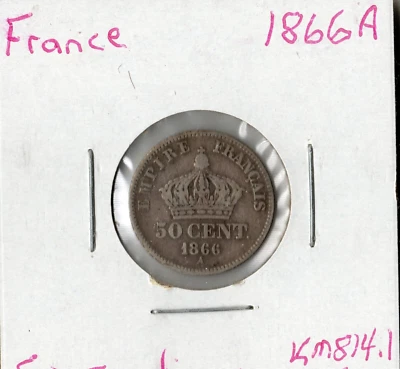 Moneda Francia (Napoleón III) 50 Céntimos 1866 A KM814.1, plata Foto 1 de 4