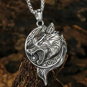 Silver Norse Viking Fenrir Wolf Head Pendant Necklace Chain Men's Jewelry Gift - Picture 1 of 5