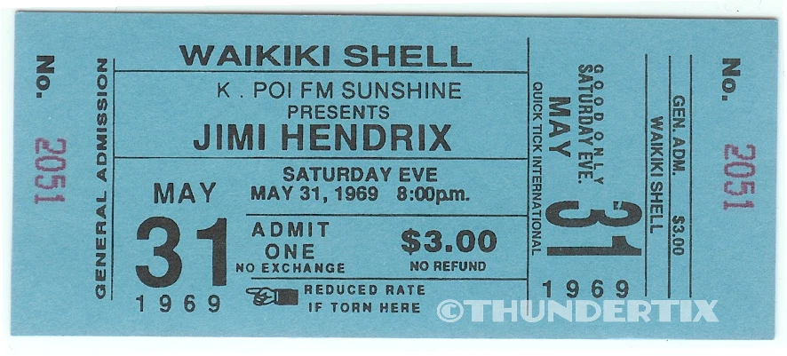 1 1969 JIMI HENDRIX VINTAGE UNUSED FULL TICKET WAIKIKI BLUE laminated repro  - Image 1 of 1