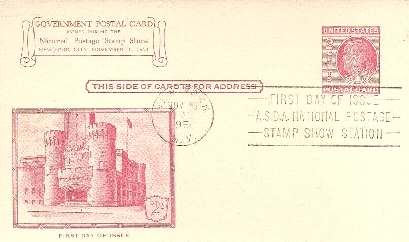 1951 2c BEN FRANKLIN Postal Card #UX38 RED UNKNOWN CACHET FIRST DAY CARD UNADDR - Image 1 of 1