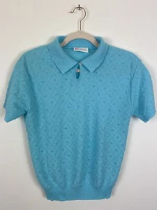 Vintage 70s Pitlochry of Scotland Sky Blue Brocade Knit Top Size S 10-12 Approx. - Picture 1 of 15