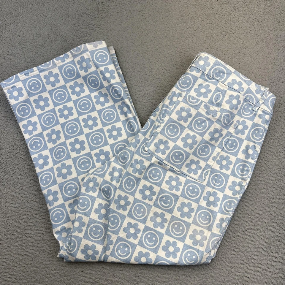 Forever 21 裤子女式 16 蓝色白色笑脸花朵印花高腰弹力 — 第 1/4 张图片