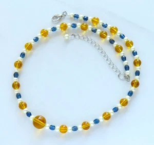 Golden Ocean Sunset Necklace Beaded Yellow Blue White Faux Pearl Beach Silver - Picture 1 of 3
