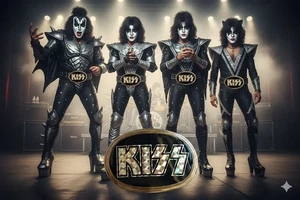 Vintage KISS Band Belt Buckle Oval Enamel Mother of Pearl Holographic Logo Rock - Picture 1 of 5