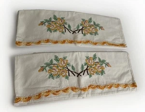 2 federe in lino bianco rose gialle ricamate a mano vintage bordo arancione tattato - Foto 1 di 14