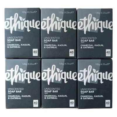 6 x Ethique Unscented Gentle Charcoal, Kaolin & Oatmeal Hand And Body Soap Bar