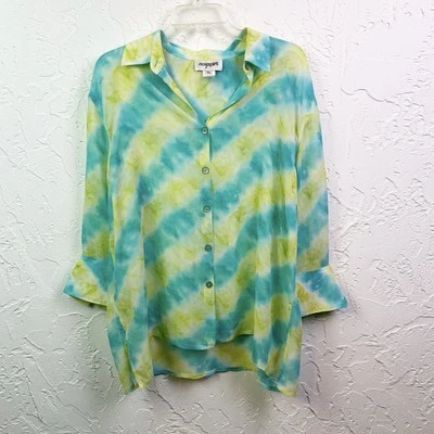 Top azul y verde tie dye seda cuello transparente abotonado talla XL Foto 1 de 4