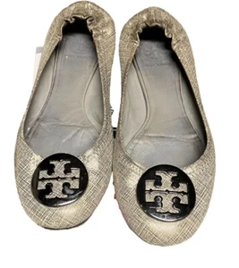 TORY BURCH REVA BALLET FLATS SZ 8  METALLIC PEWTER LEATHER SEE DESC - Picture 1 of 6