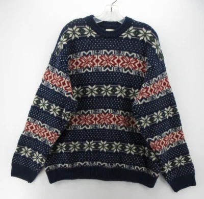 VINTAGE Gap Sweater Men Large Blue Shetland Wool Nordic Snowflakes Birds Eye * - Image 1 of 4