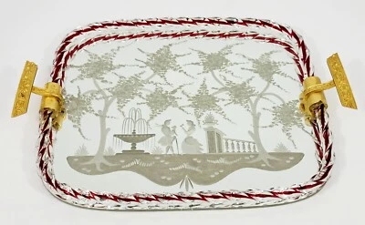 MURANO Veni Twisted Red Clear GLASS Wine Tray Vanity Mirror Etched Couple 15"W  - Image 1 of 4