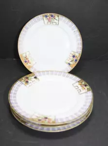 Nippon 6" Dessert Plates 4 Hand Painted Purple White Check Border Plums Gold Trm - Picture 1 of 3