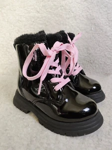 Oshkosh Bgosh Baby Girls Boots 6M Black Patent Leather Lace Zip Up Ankle Shoes - Picture 1 of 17