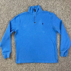 POLO Ralph Lauren Shirt Mens Medium Blue Logo Cotton Sweatshirt 1/4 Zip Pullover - Picture 1 of 17