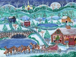 OrIgInAl FoLk ART PaInTiNg Santa EiGhT Reindeer SnOwMaN ChUrCh SlEd ChRiStMaS Tr - Picture 1 of 9