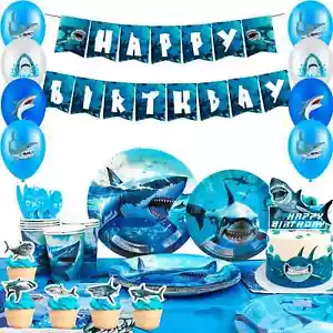 111 Pcs Shark Birthday Party Supplies - Decorations & Tableware Set - Picture 1 of 6